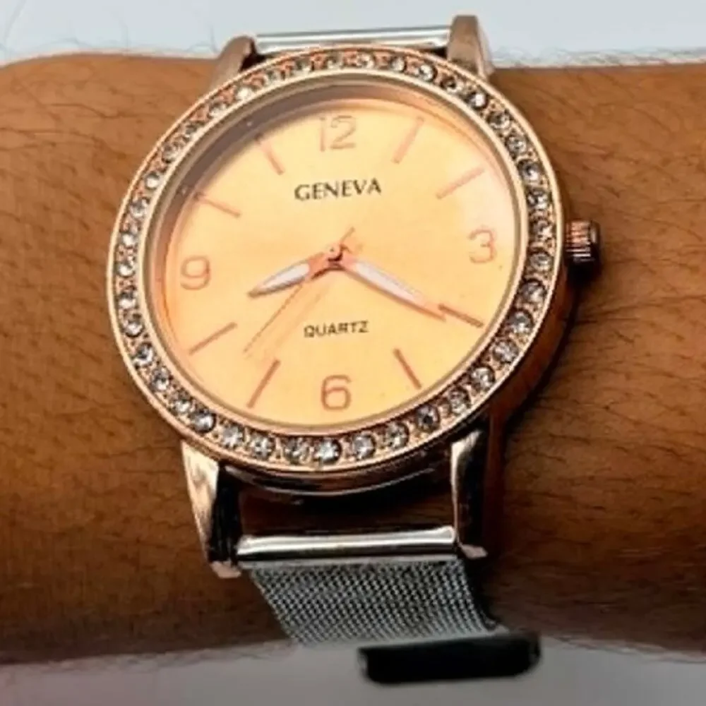 Rose Gold & Silver Crystal Geneva Watch